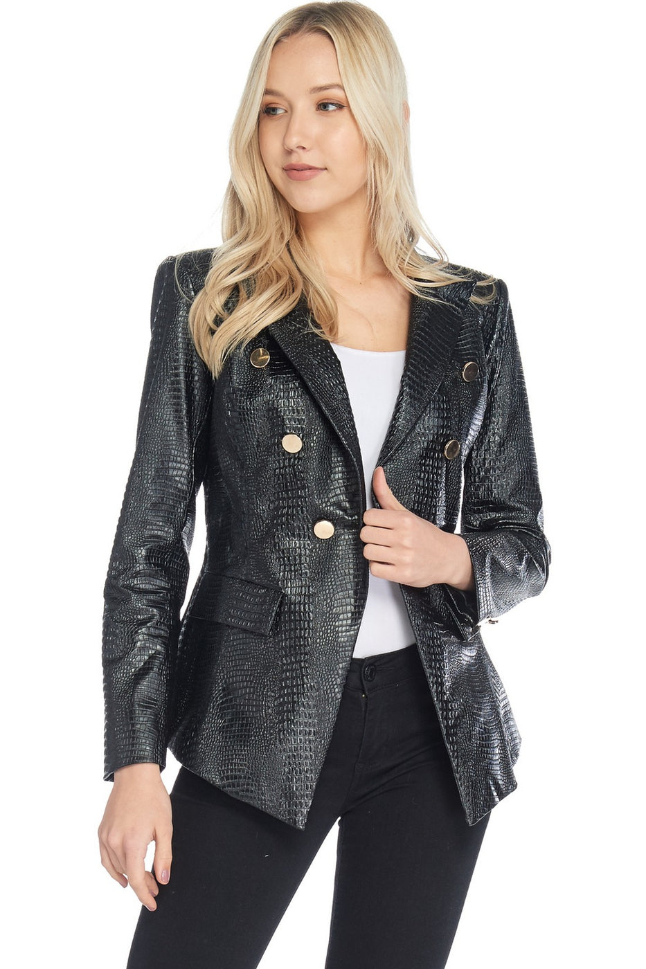 Faux Leather Blazer With Buttons