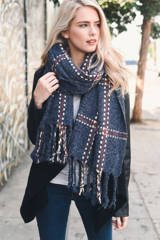 Navy Chunky Plaid Blanket Scarf