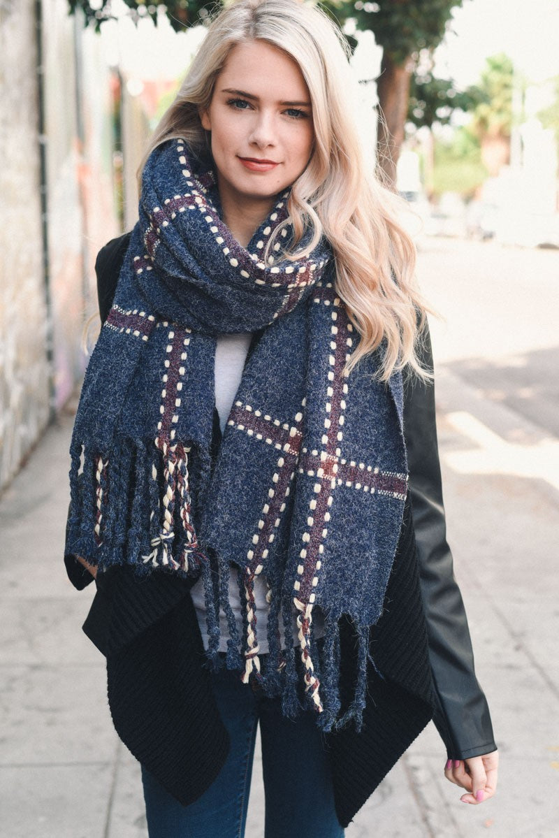 Navy Chunky Plaid Blanket Scarf