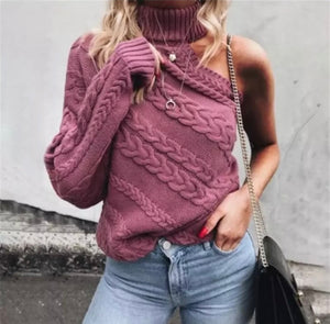 Ribbed turtleneck one sleeve sweater