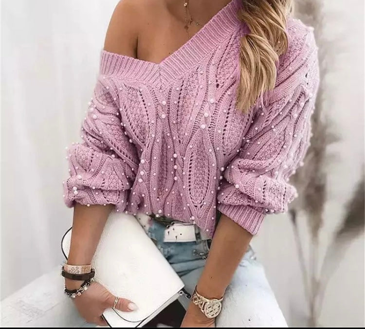 Pink with pearls cotton knit sweater ( slouchy )
