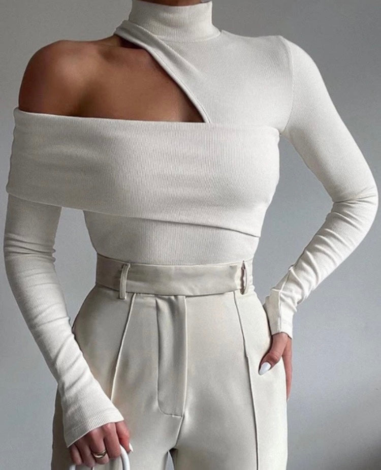 Cream Asymmetrical Ribbed Top